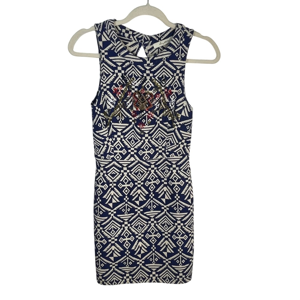 Pinkette Geometric Print Embroidered Open Back‎ Dress Navy White Size Small